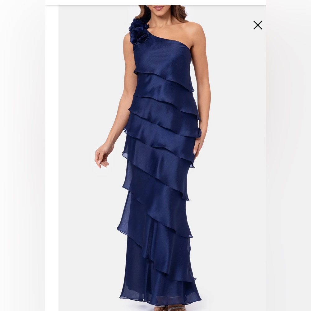 Xscape One-Shoulder Gold Tiered Ruffle Gown